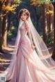 A woman in a pink wedding dress standing in the woods.