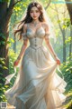 A woman in a wedding dress walking through a forest.