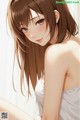 Anime girl with long brown hair and a white tank top.