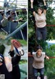 A collage of photos of a woman doing a trick on a rope.